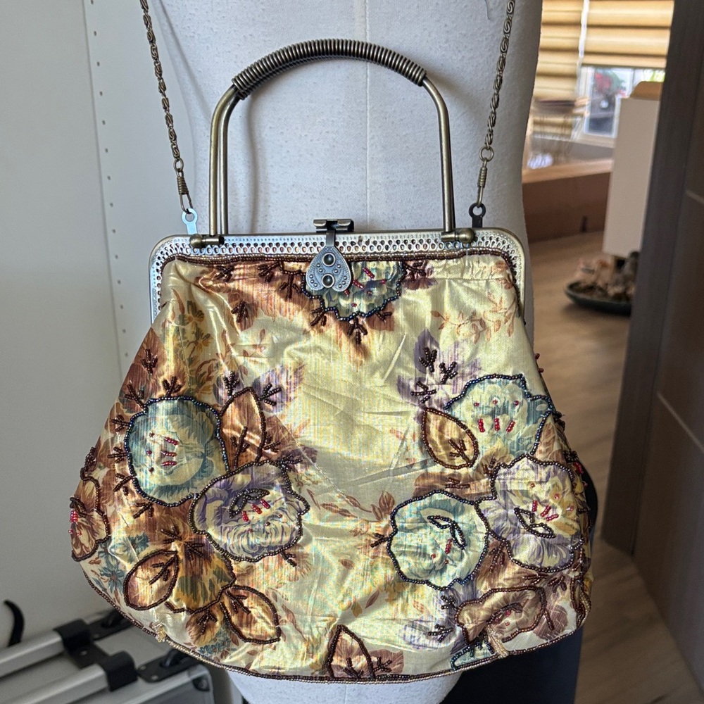 Gold Floral Embroidered Evening Clutch with Top Handle